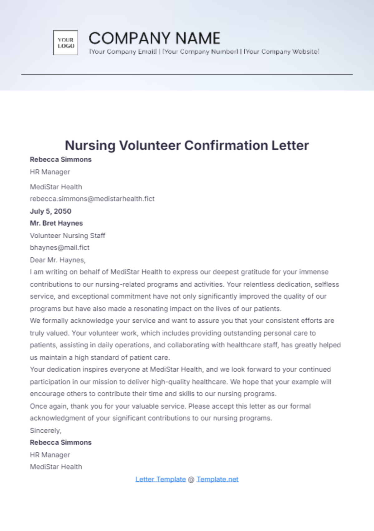 Nursing Volunteer Confirmation Letter Template - Edit Online & Download