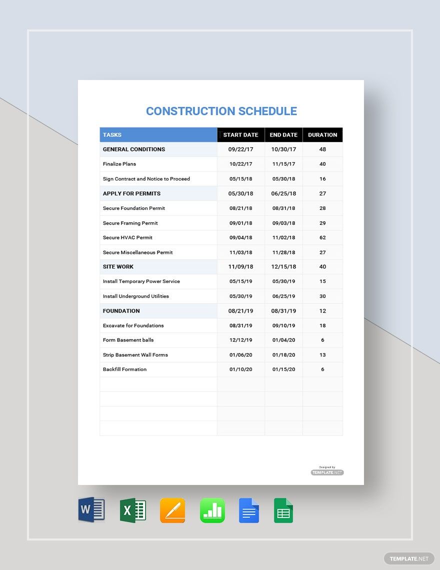Sample Construction Schedule Template