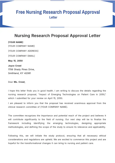 Free Nursing Research Proposal Approval Letter Template to Edit Online