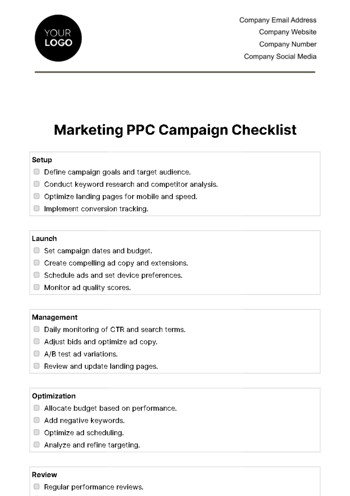 Marketing PPC Campaign Checklist Template