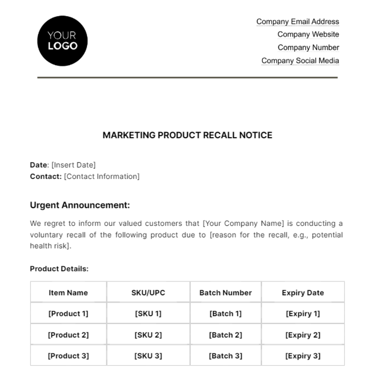 Marketing Product Recall Notice Template
