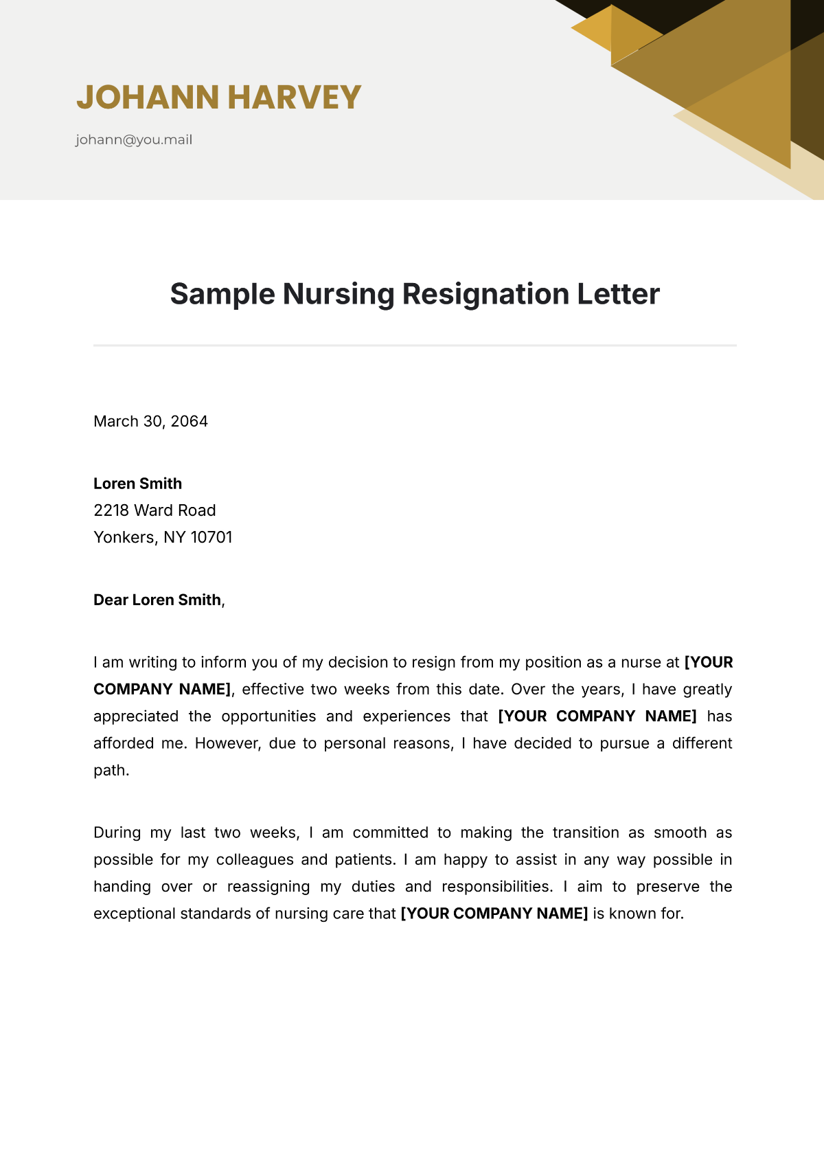 Sample Nursing Resignation Letter Template - Edit Online & Download