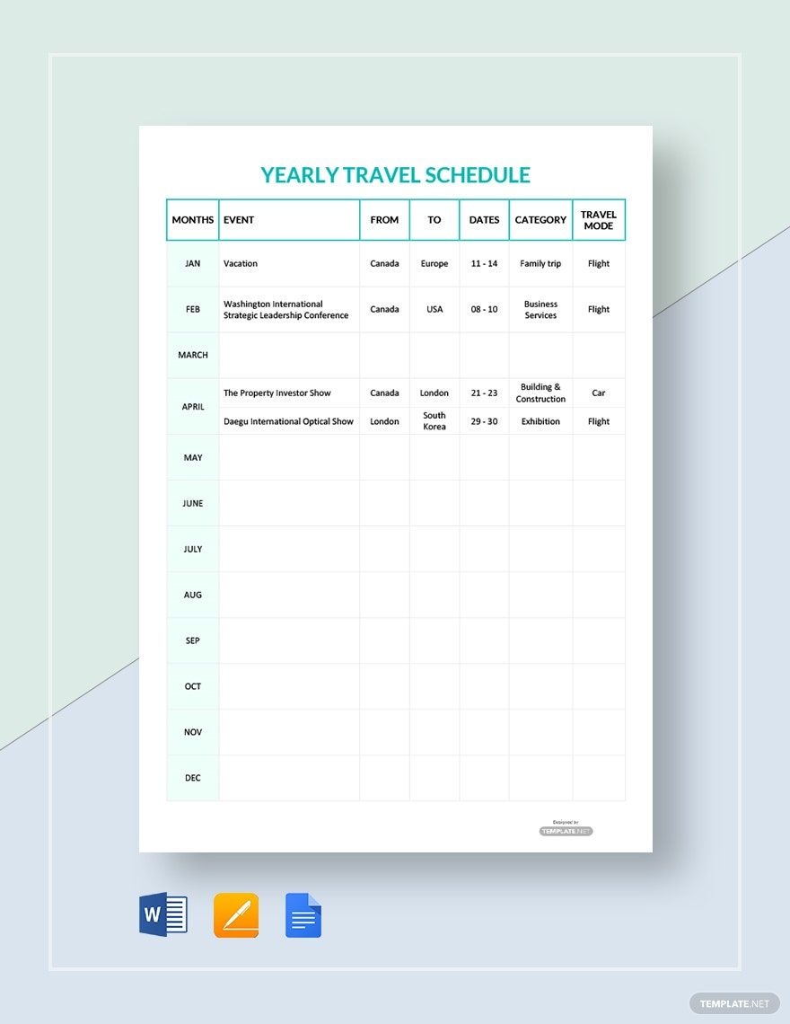 Yearly Travel Schedule Template