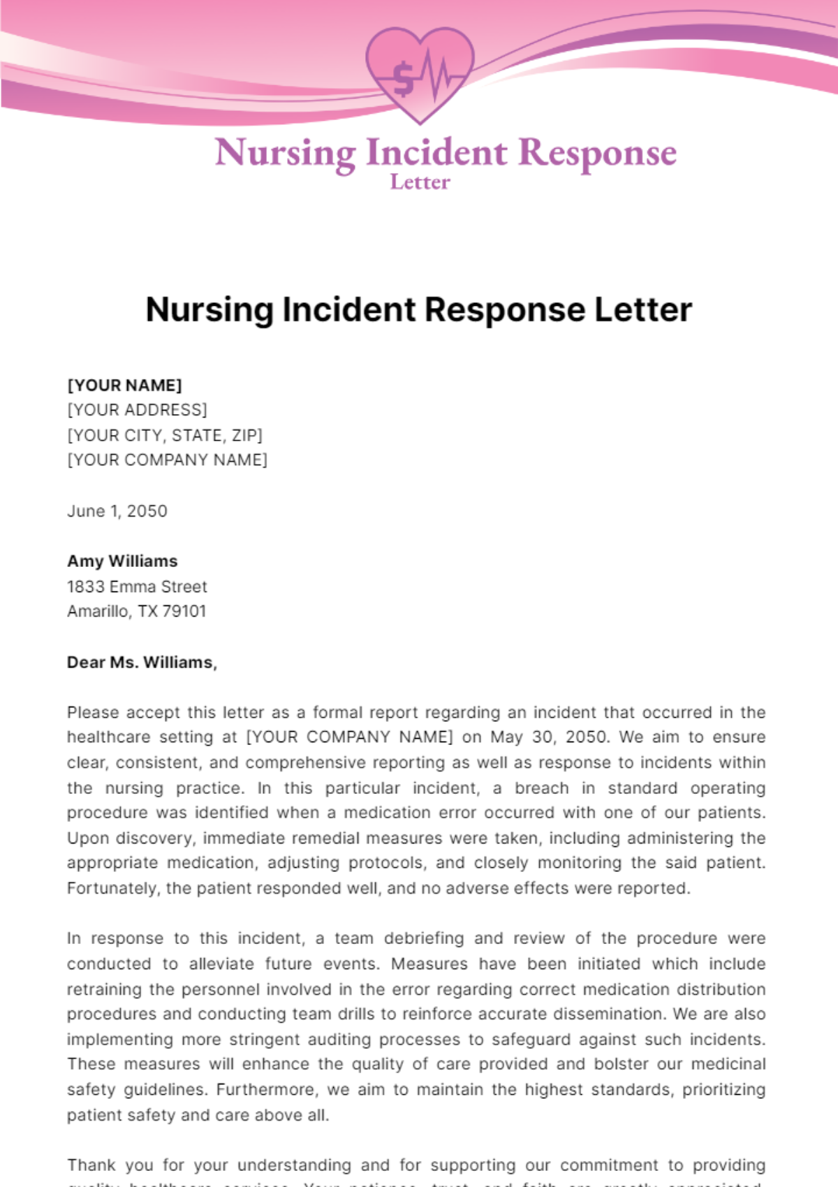 Nursing Incident Response Letter Template - Edit Online & Download