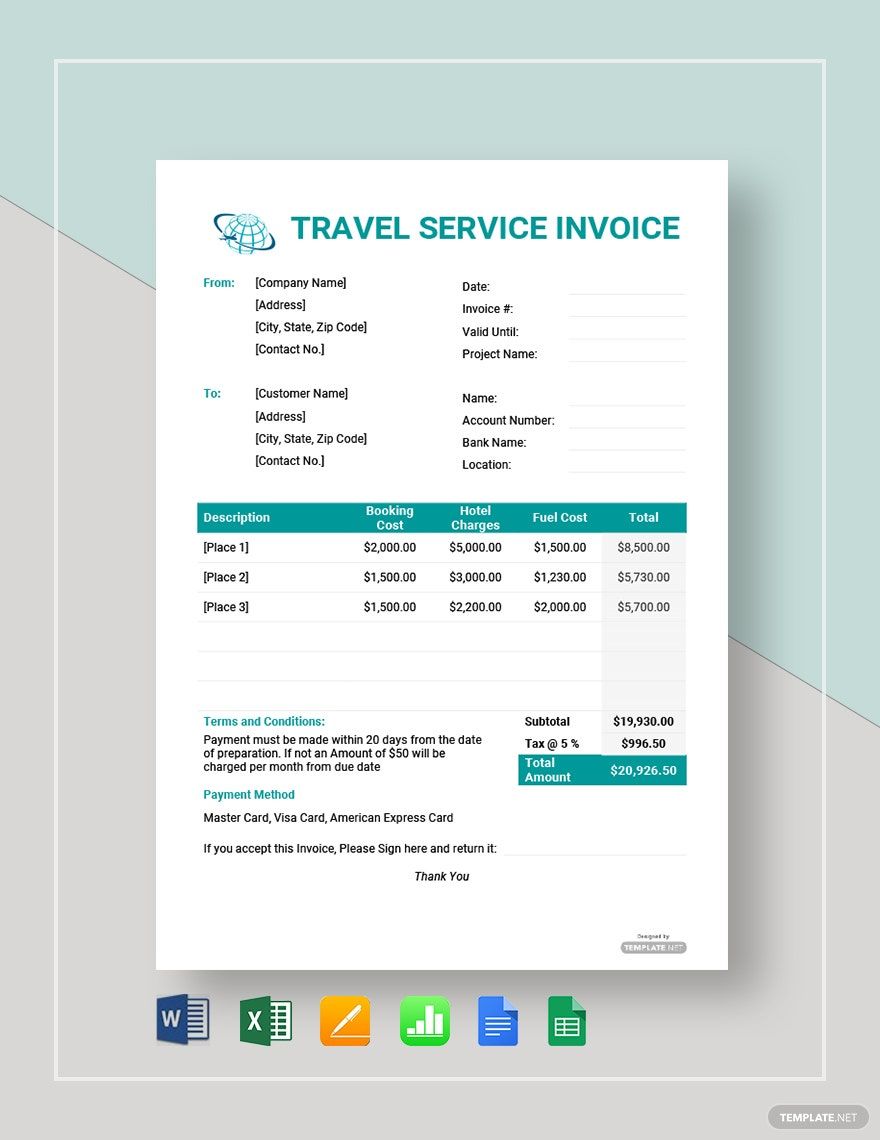 Free Sample Travel Service Invoice Template