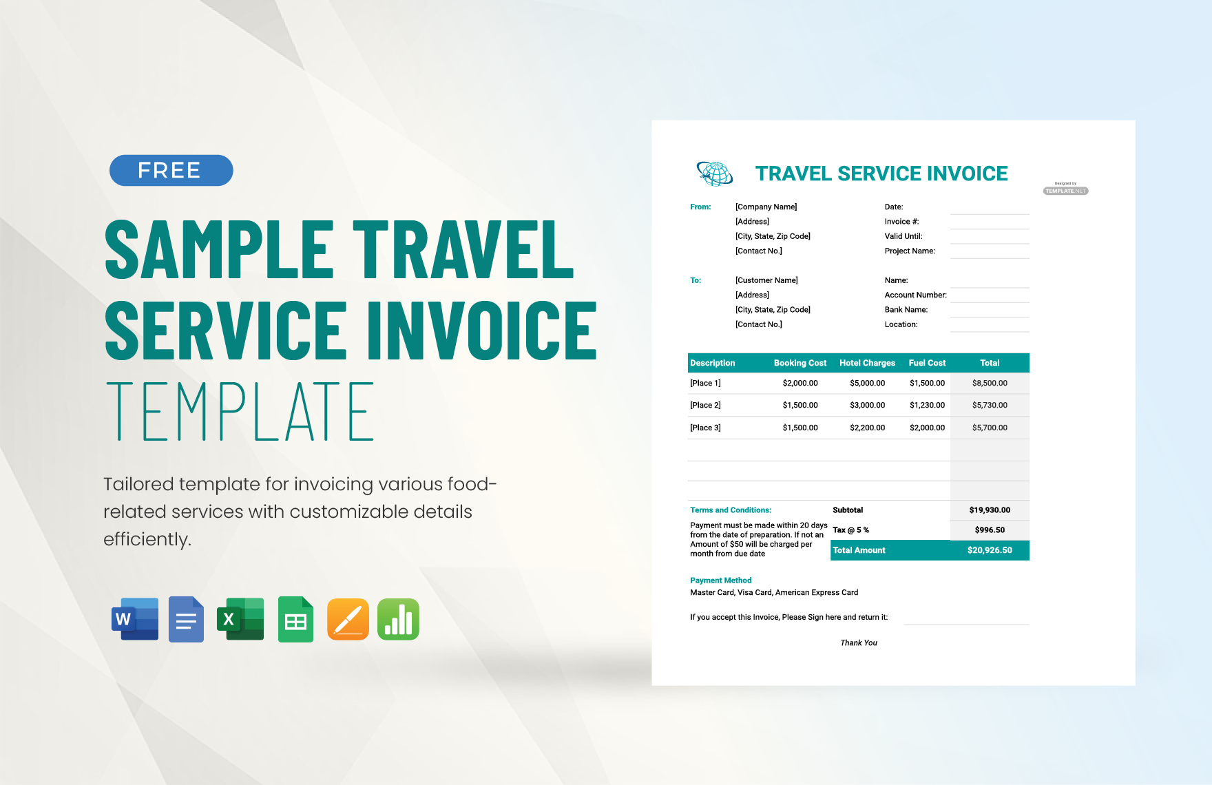 Free Sample Travel Service Invoice Template in Word, Google Docs, Excel, Google Sheets, Apple Pages, Apple Numbers