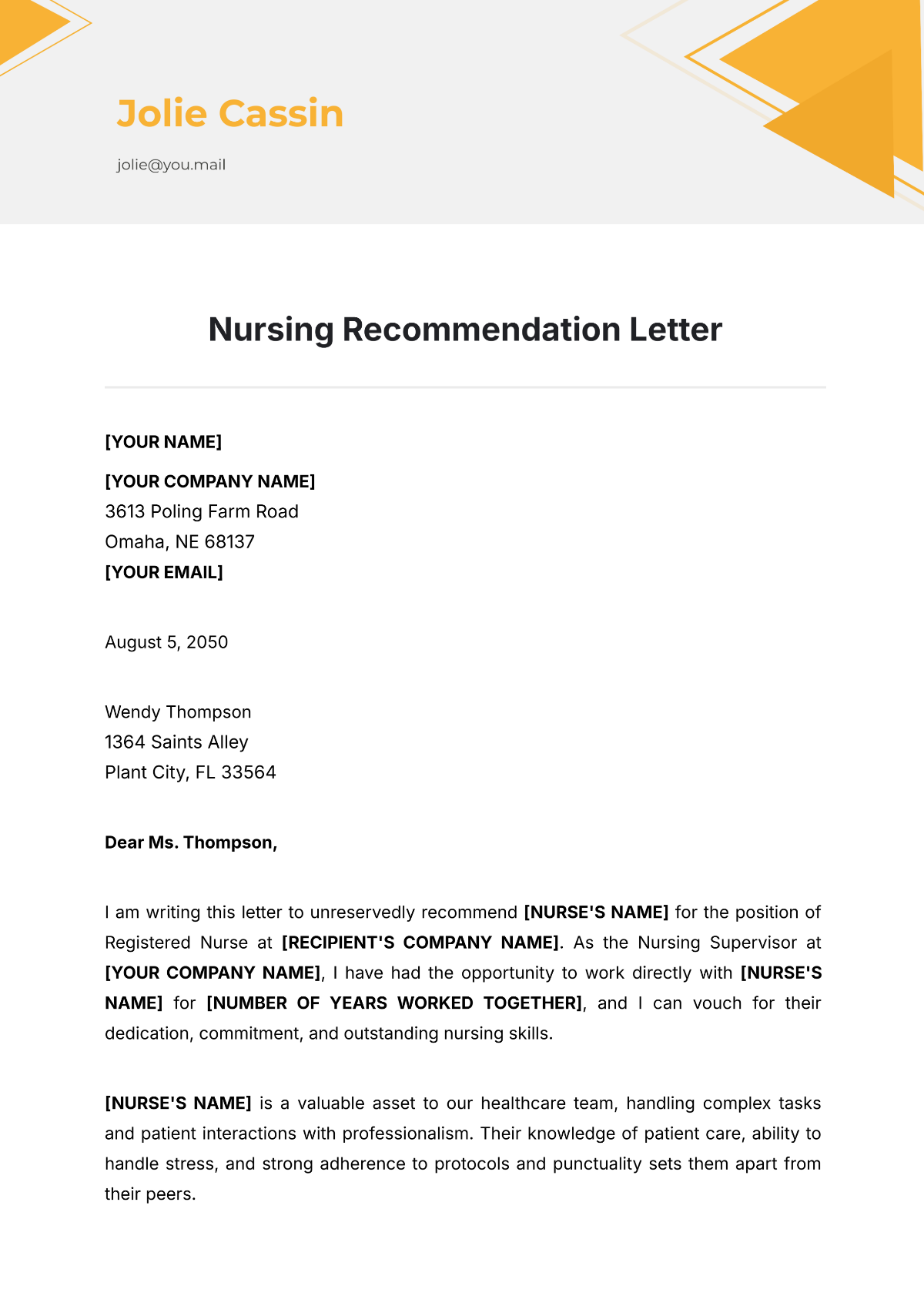 Nursing Recommendation Letter Template - Edit Online & Download