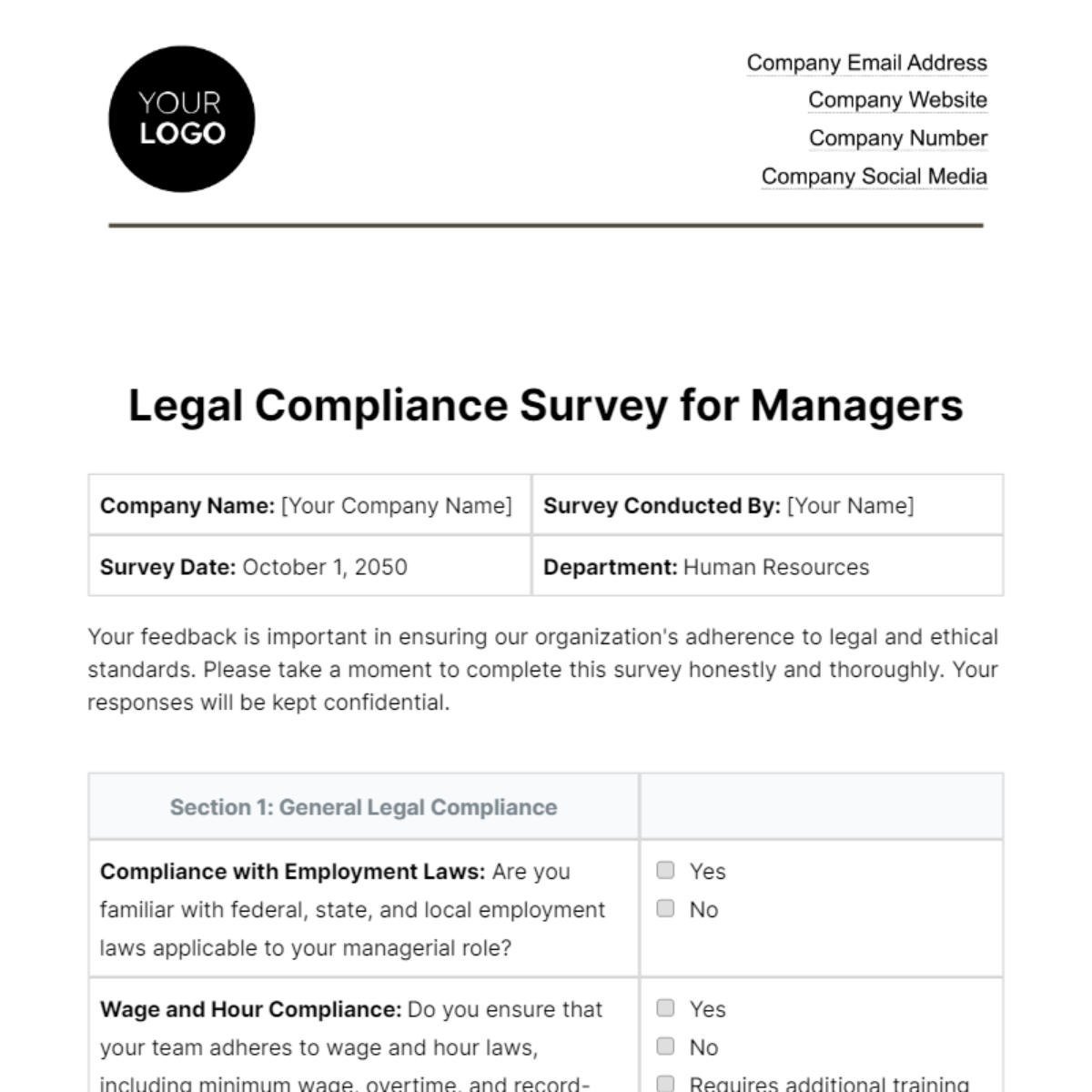 Legal Compliance Survey for Managers HR Template