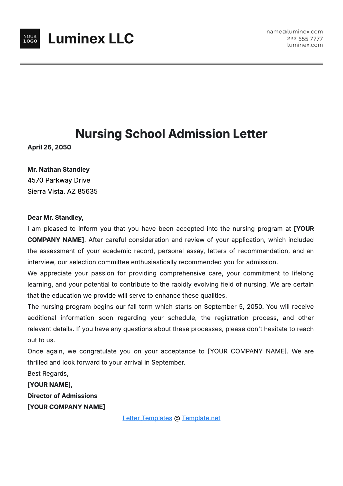 Nursing School Admission Letter Template