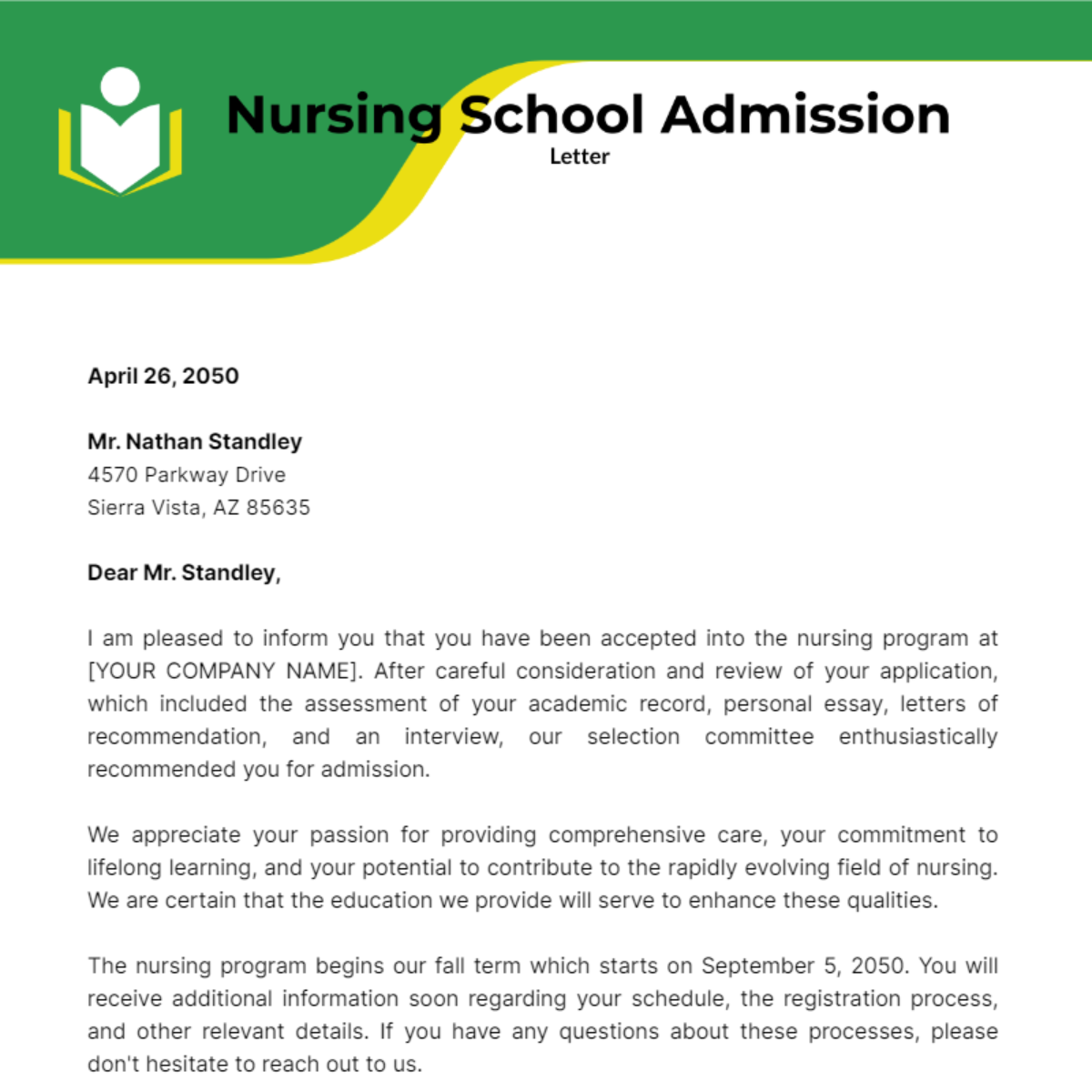 Nursing School Admission Letter Template - Edit Online & Download ...
