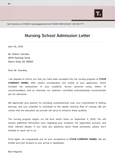 Free Nursing School Admission Letter Template to Edit Online