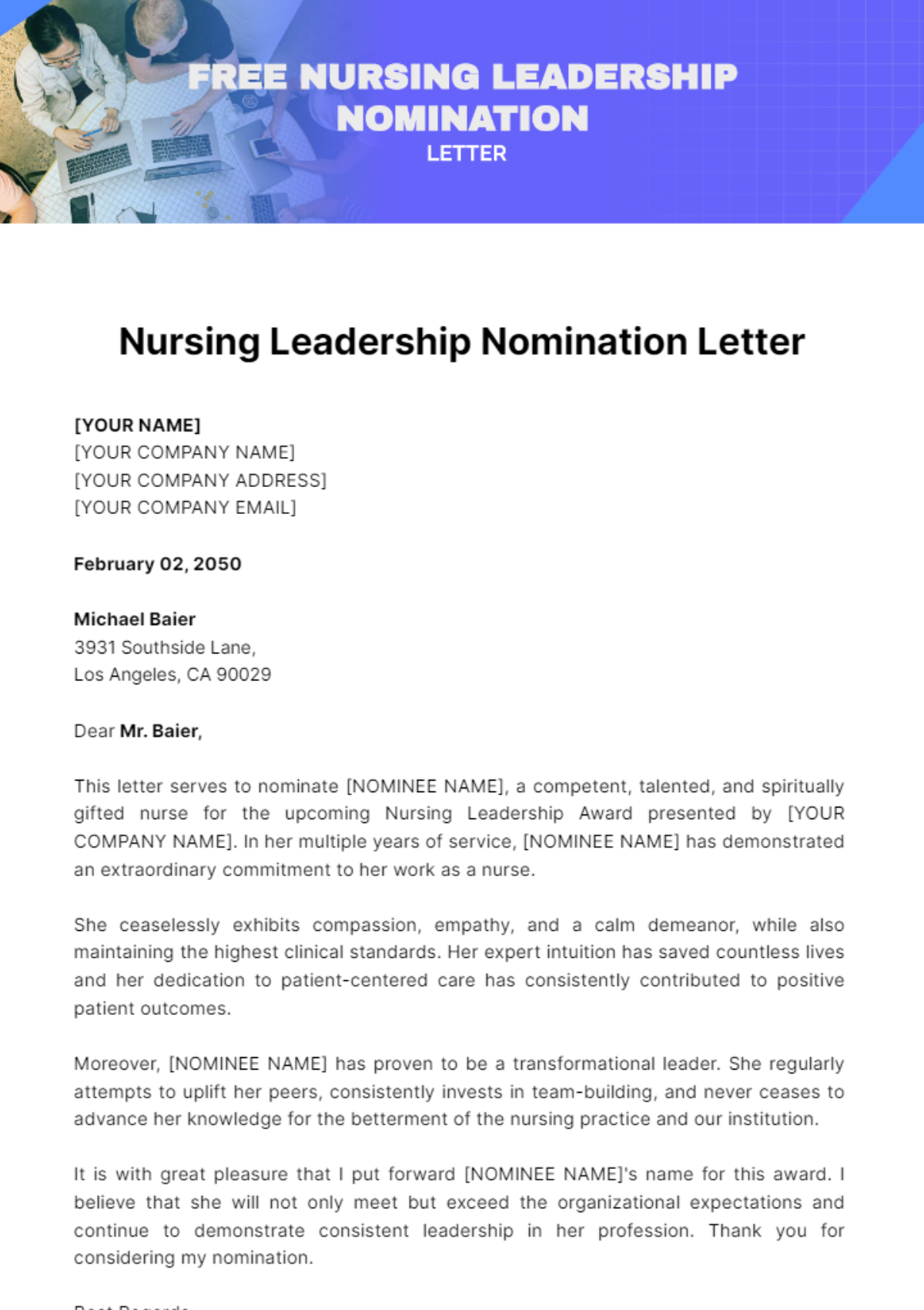 Nursing Leadership Nomination Letter Template - Edit Online & Download