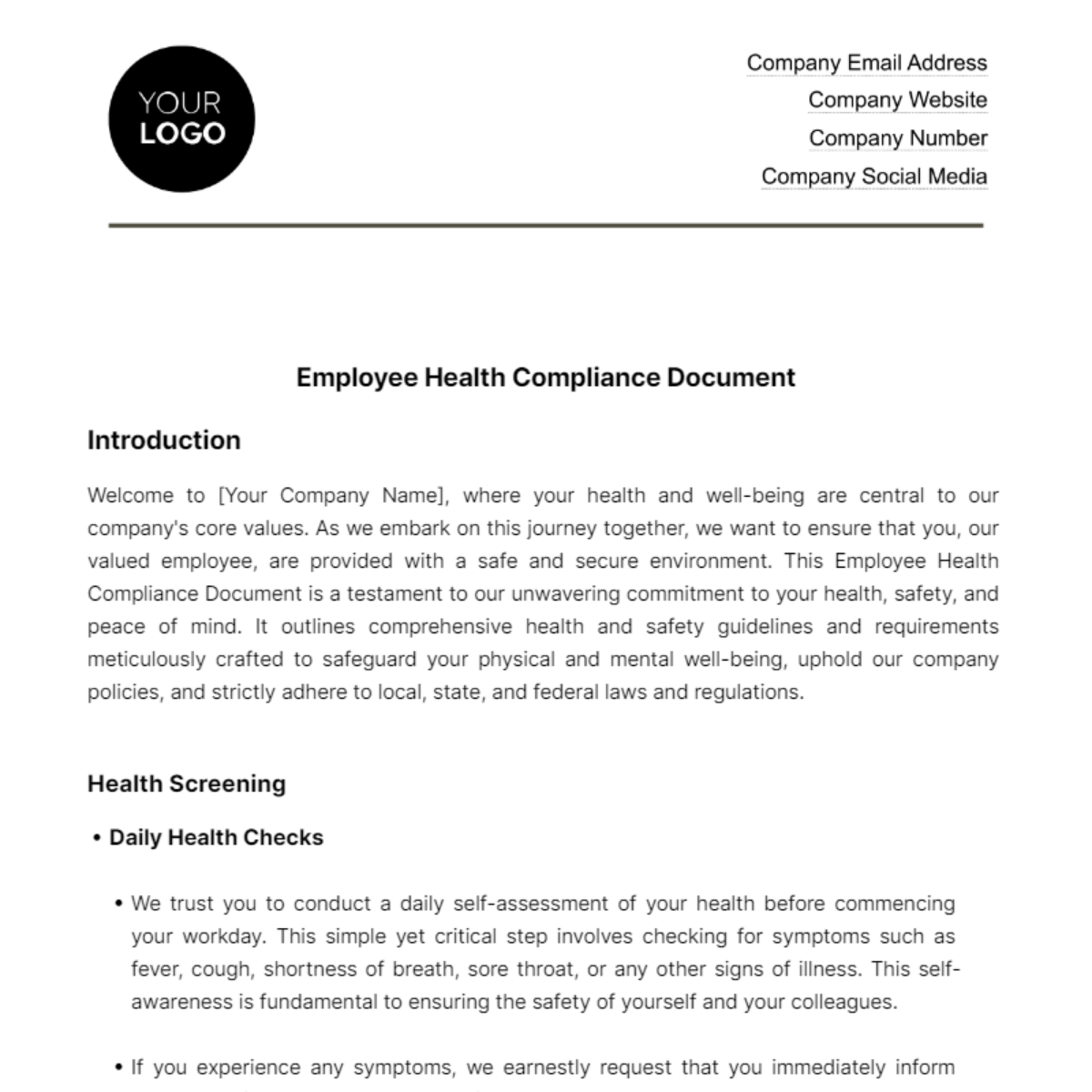 Employee Health Compliance Document HR Template