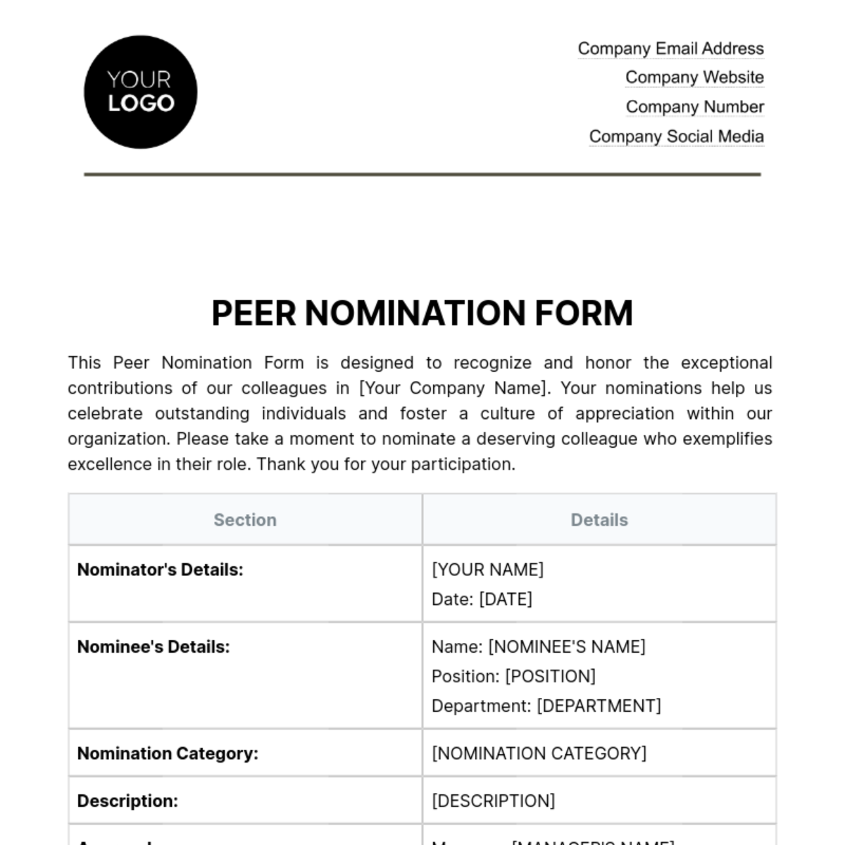 Free Peer Nomination Form HR Template