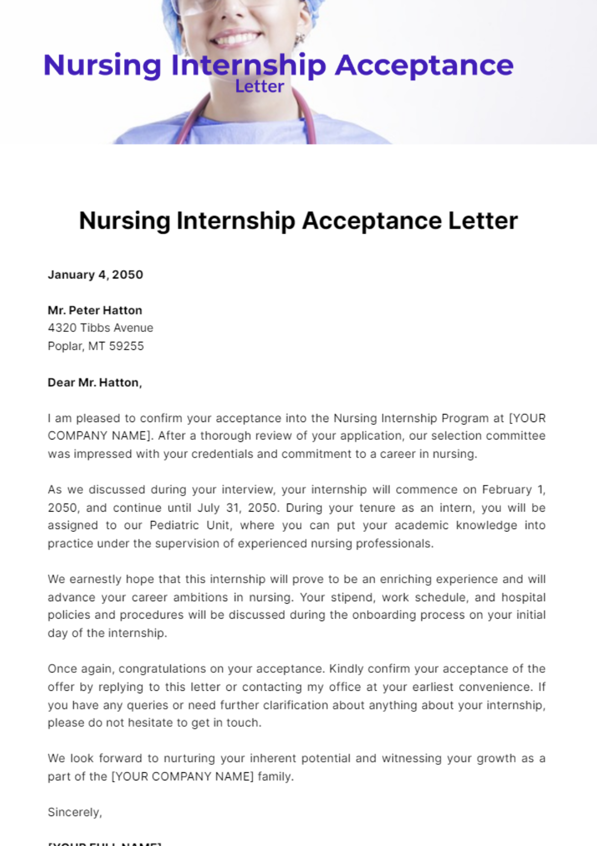 Free Nursing Internship Acceptance Letter Template