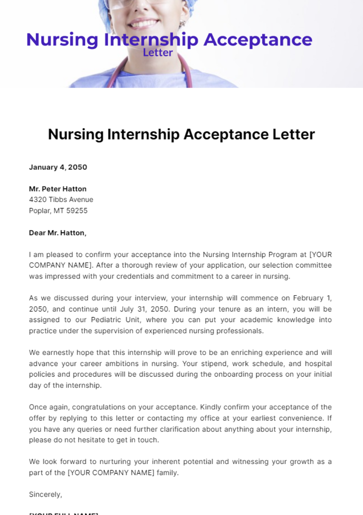 Nursing Internship Acceptance Letter Template - Edit Online & Download ...