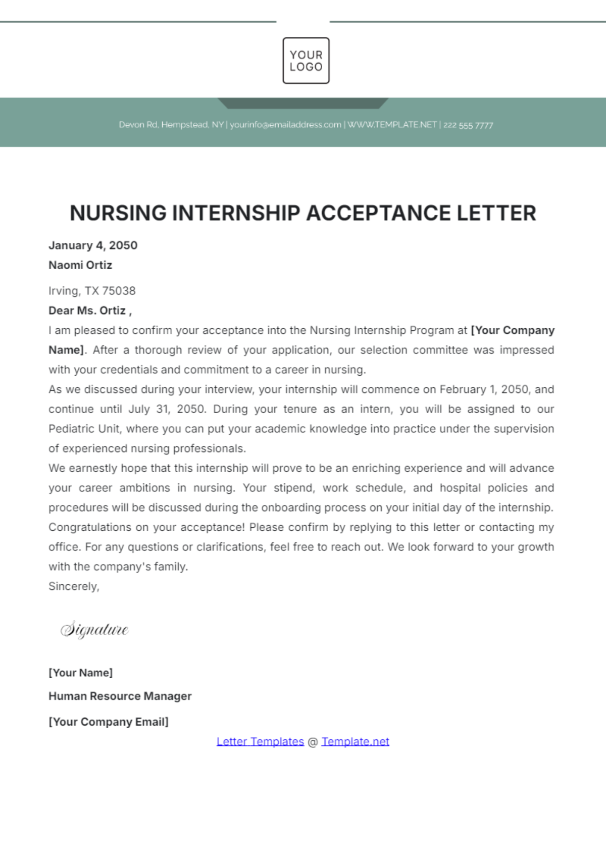 Nursing Internship Acceptance Letter Template