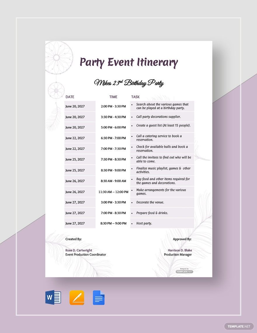 Party Event Itinerary Template
