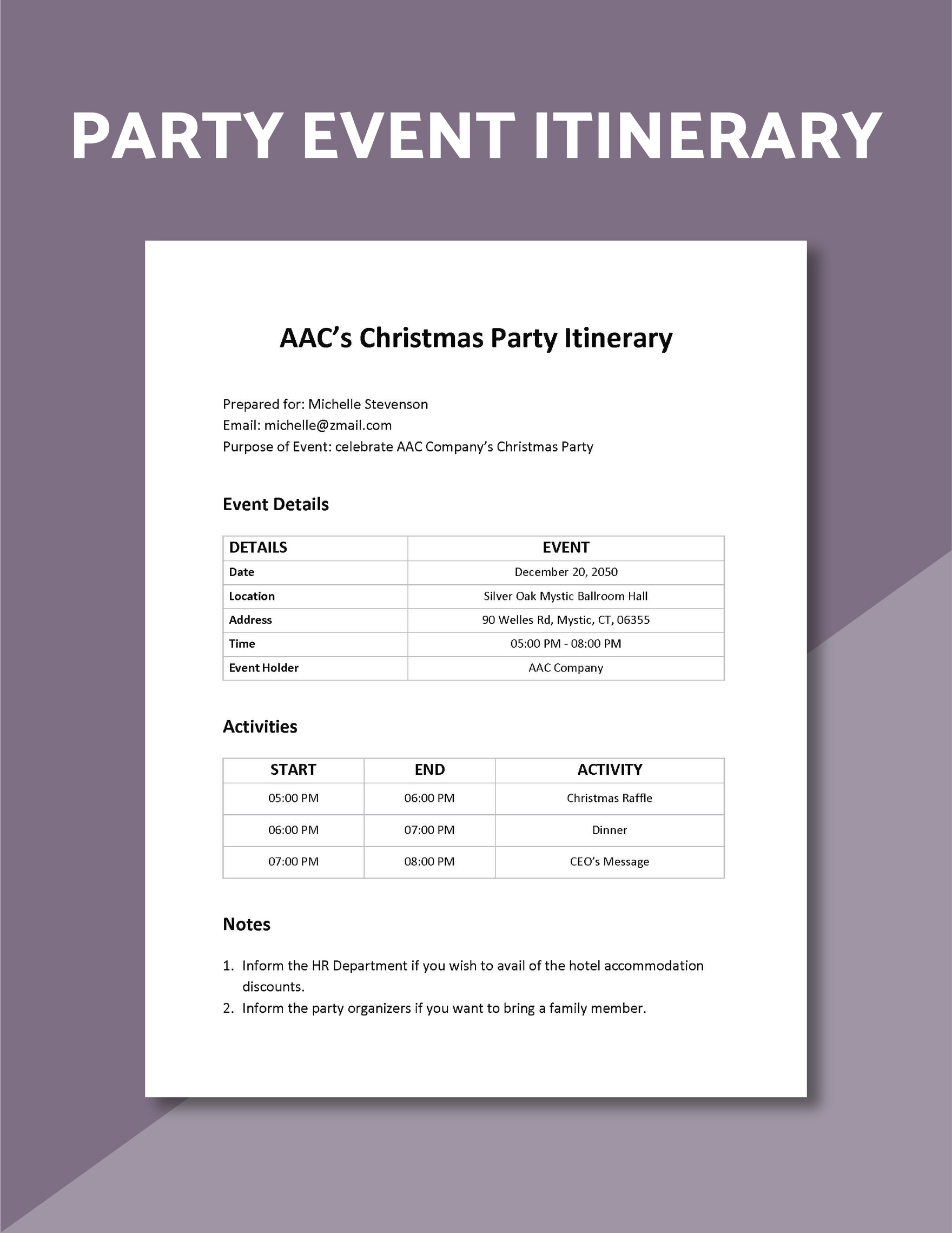 Party Event Itinerary Template