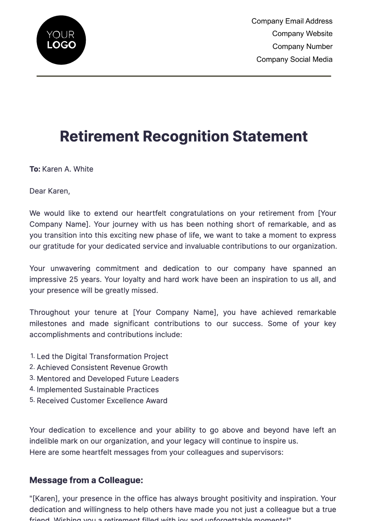 Retirement Recognition Statement HR Template - Edit Online & Download