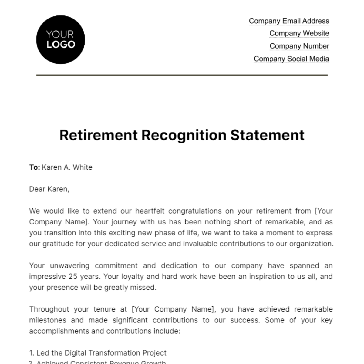 Retirement Recognition Statement HR Template
