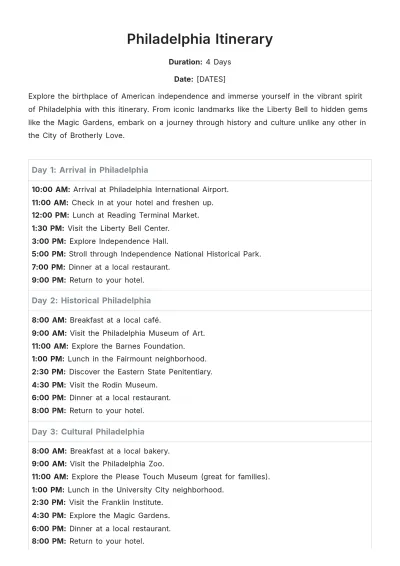 Free Philadelphia Itinerary Template to Edit Online