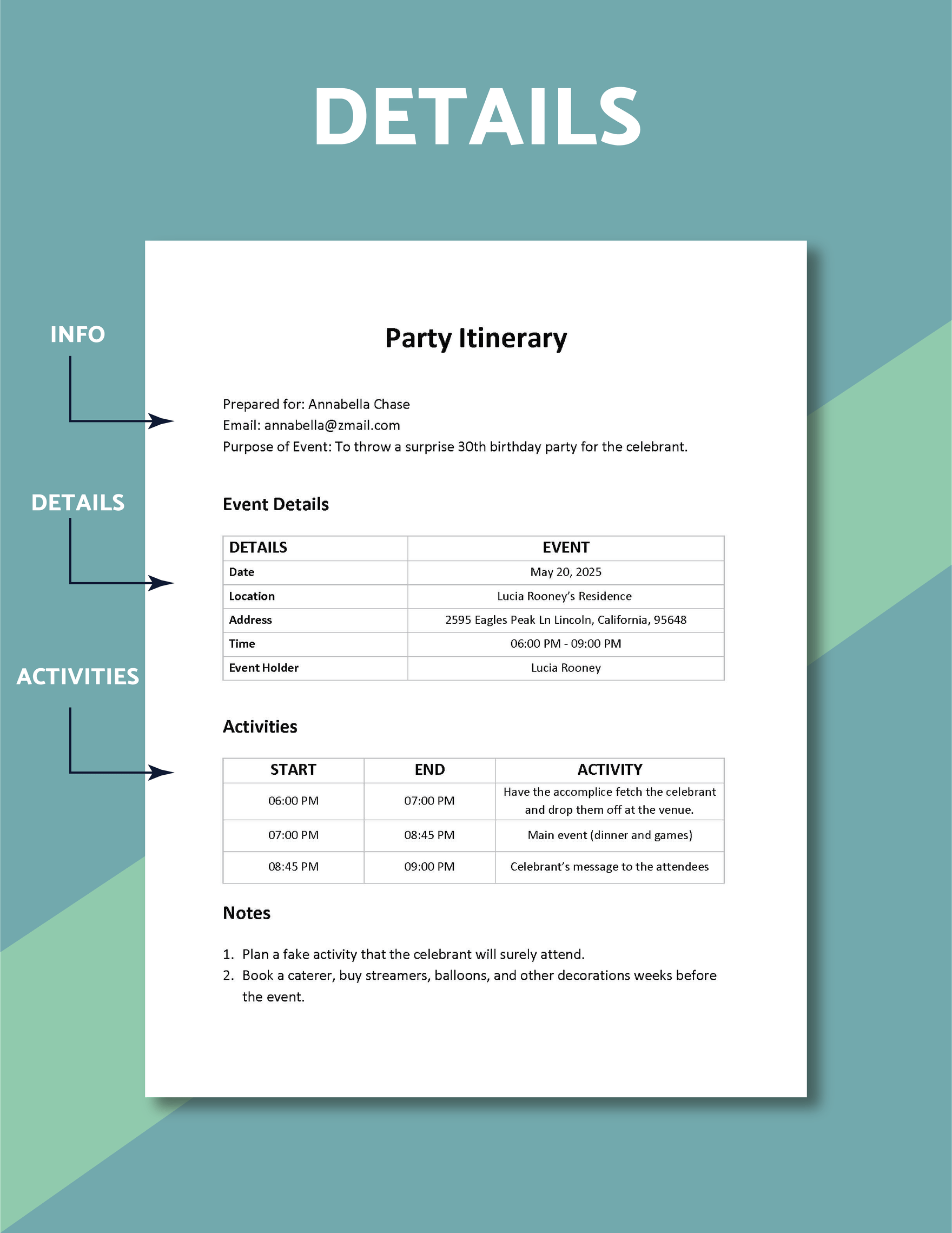 Printable Party Itinerary Template
