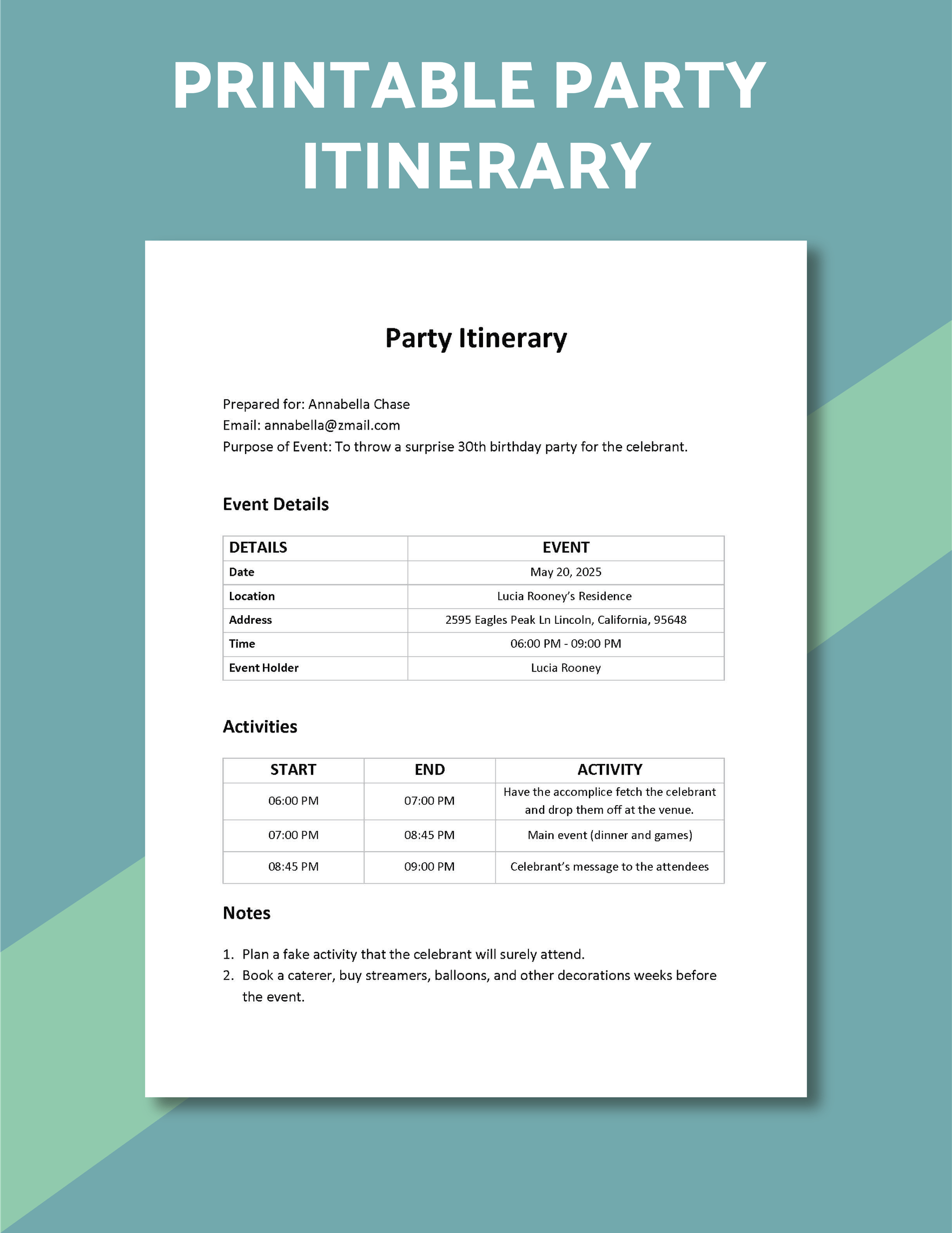 Printable Party Itinerary Template