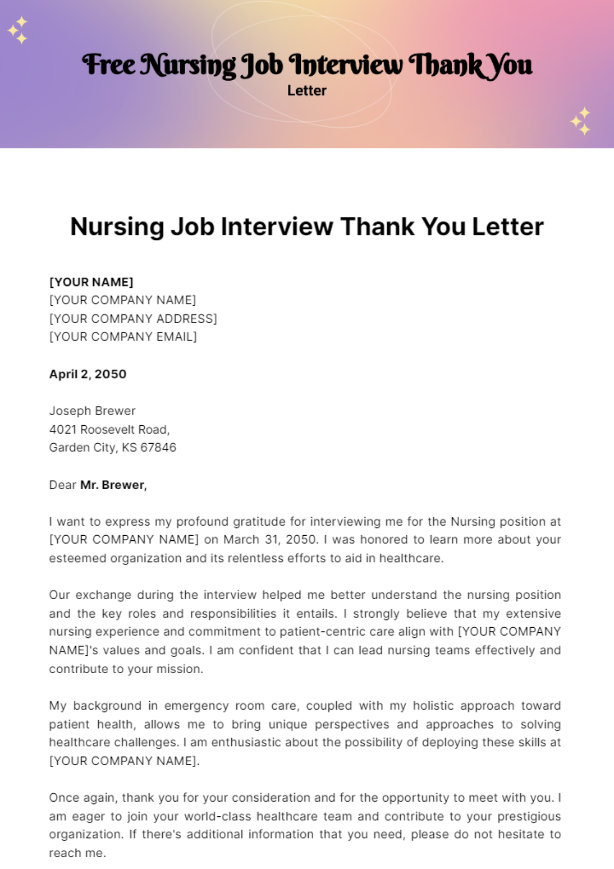 Nursing Job Interview Thank You Letter Template - Edit Online & Download