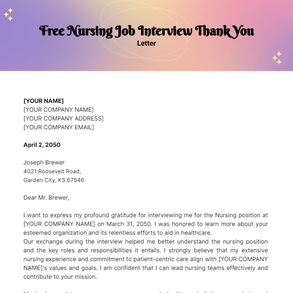 thank you letter after interview for nursing position