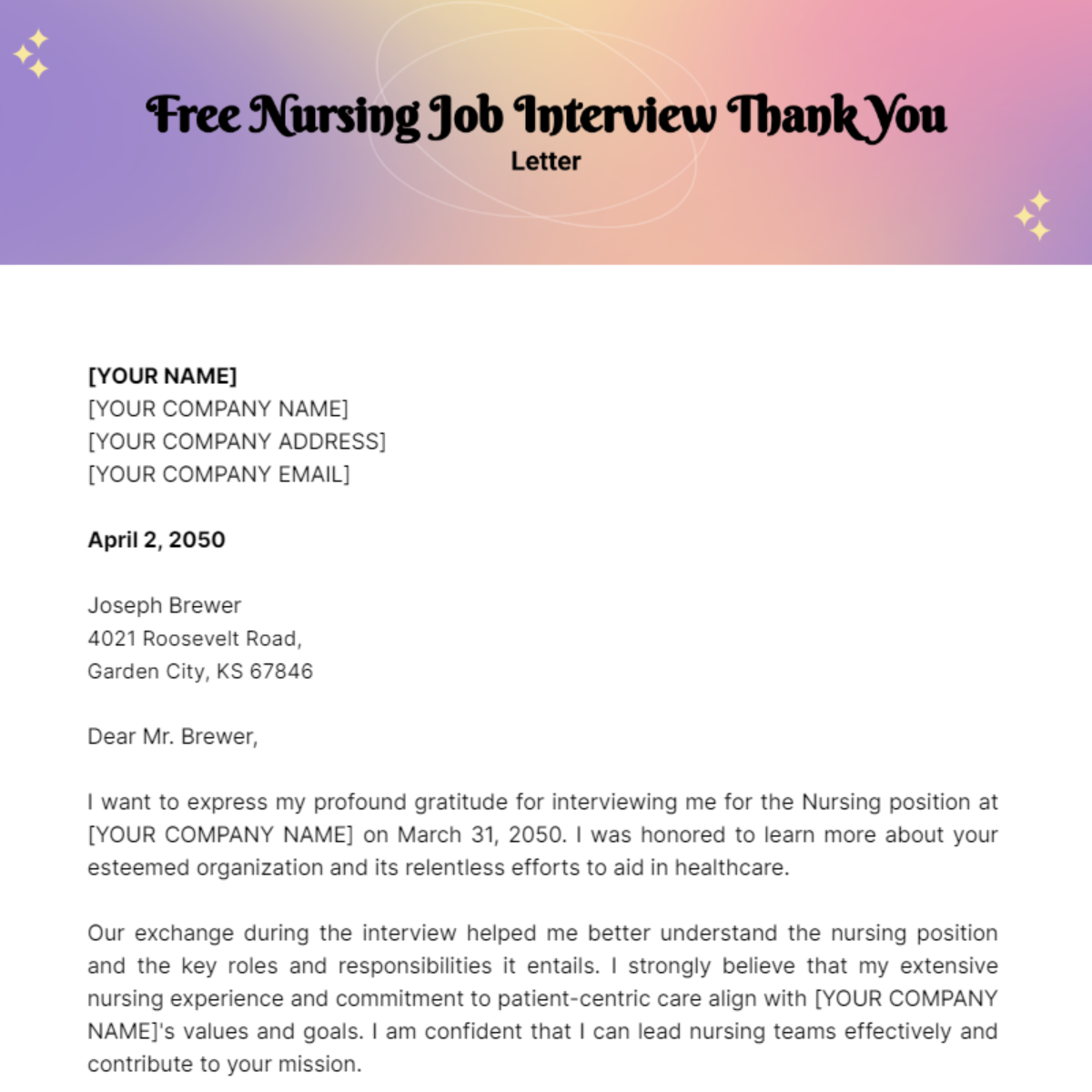 Nursing Job Interview Thank You Letter Template - Edit Online & Download