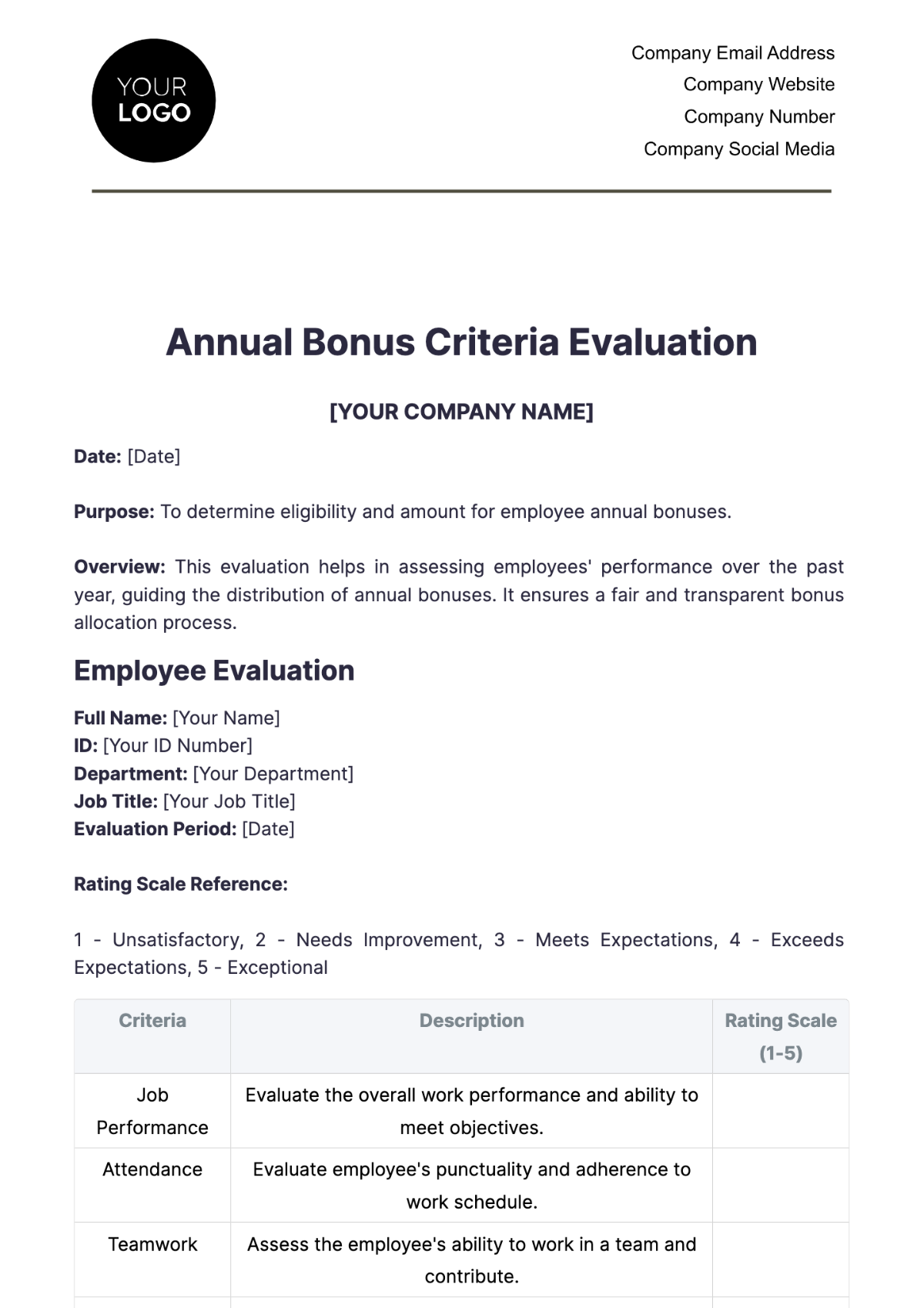 Annual Bonus Criteria Evaluation HR Template - Edit Online & Download