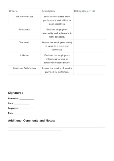 Free Annual Bonus Criteria Evaluation HR Template to Edit Online