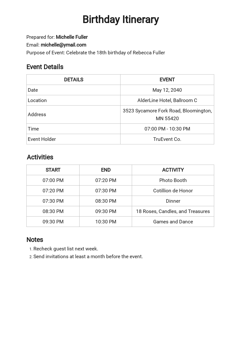 Itinerary Google Doc Template