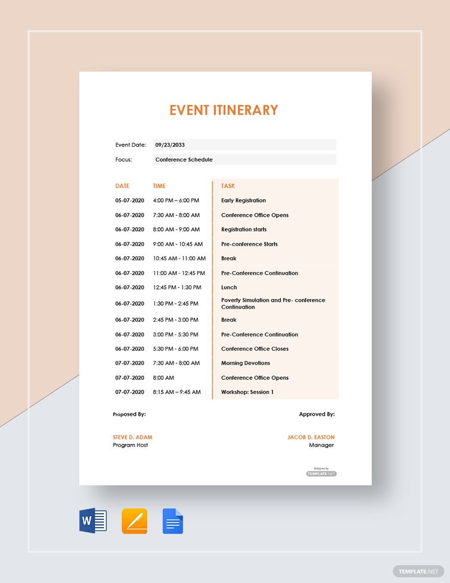 Sample Event Itinerary Template in Google Docs, Word - Download | Template.net