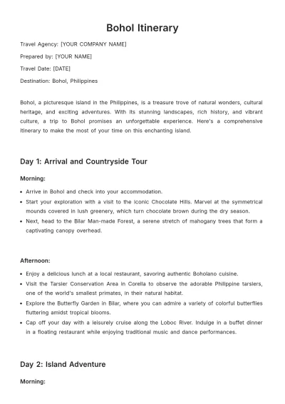 Free Bohol Itinerary Template to Edit Online