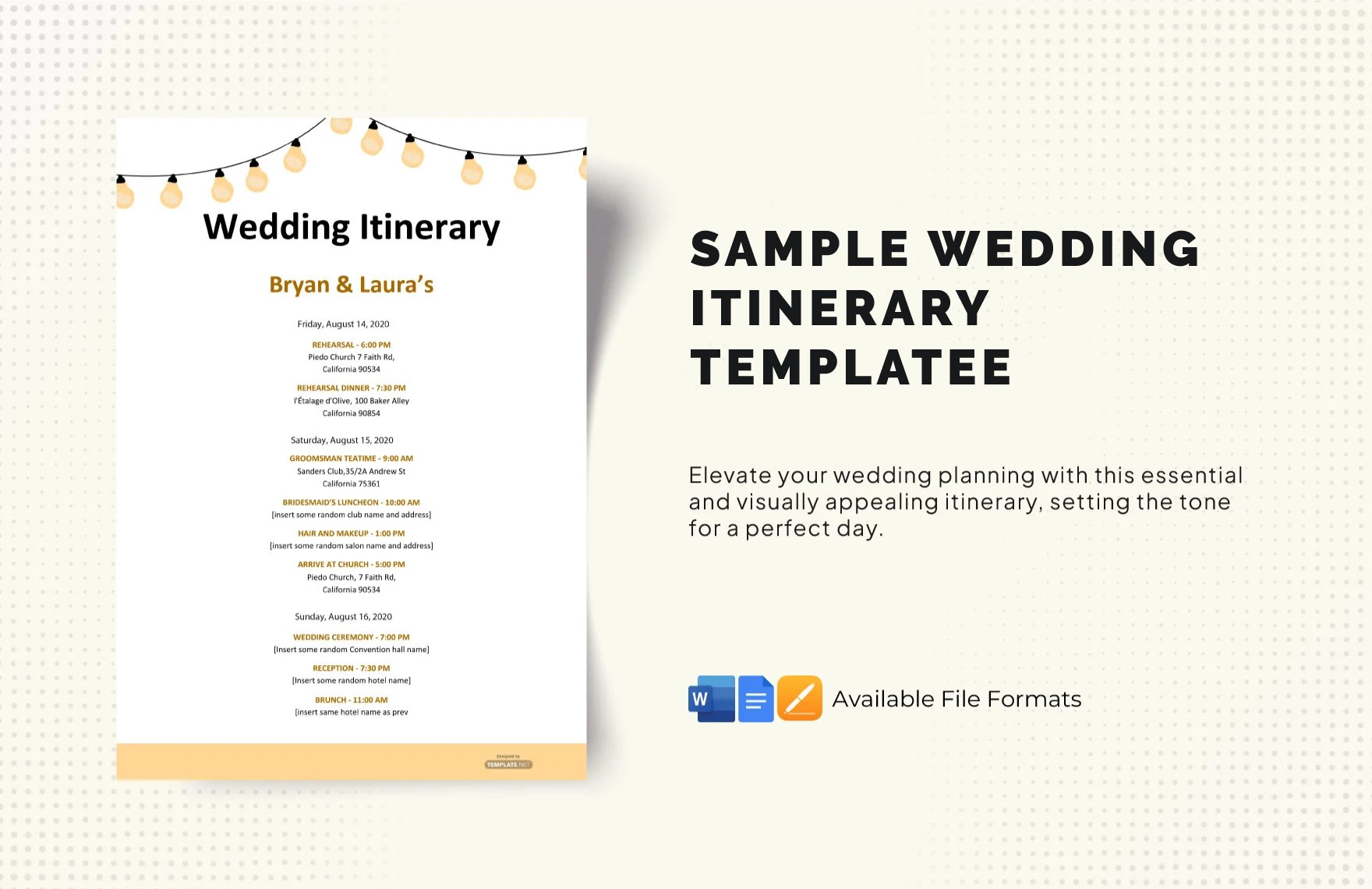 Sample Wedding Itinerary Template