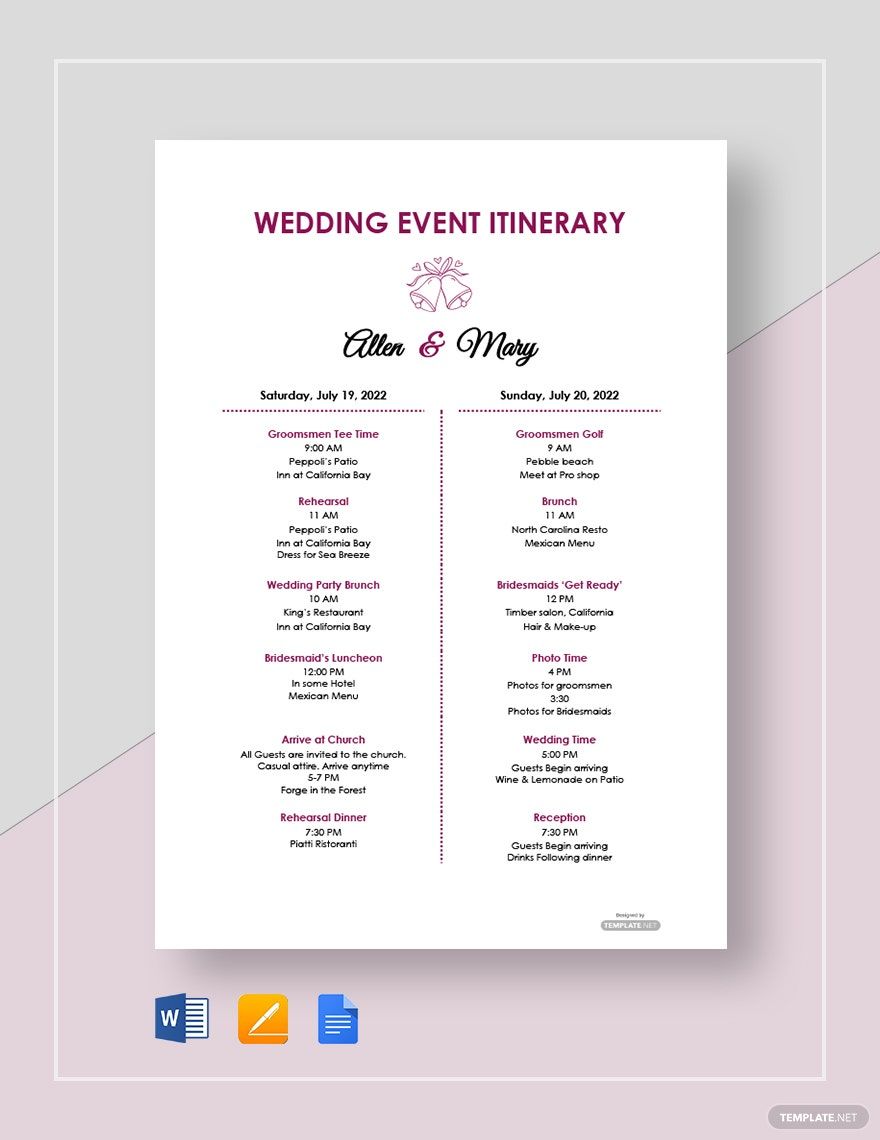 Wedding Event Itinerary Template