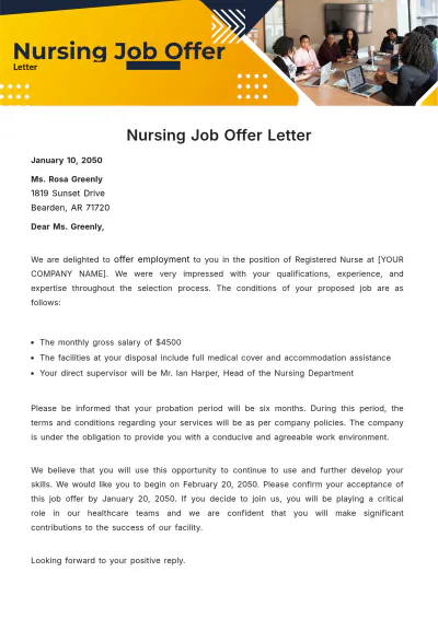 Free Nursing Job Offer Letter Template to Edit Online
