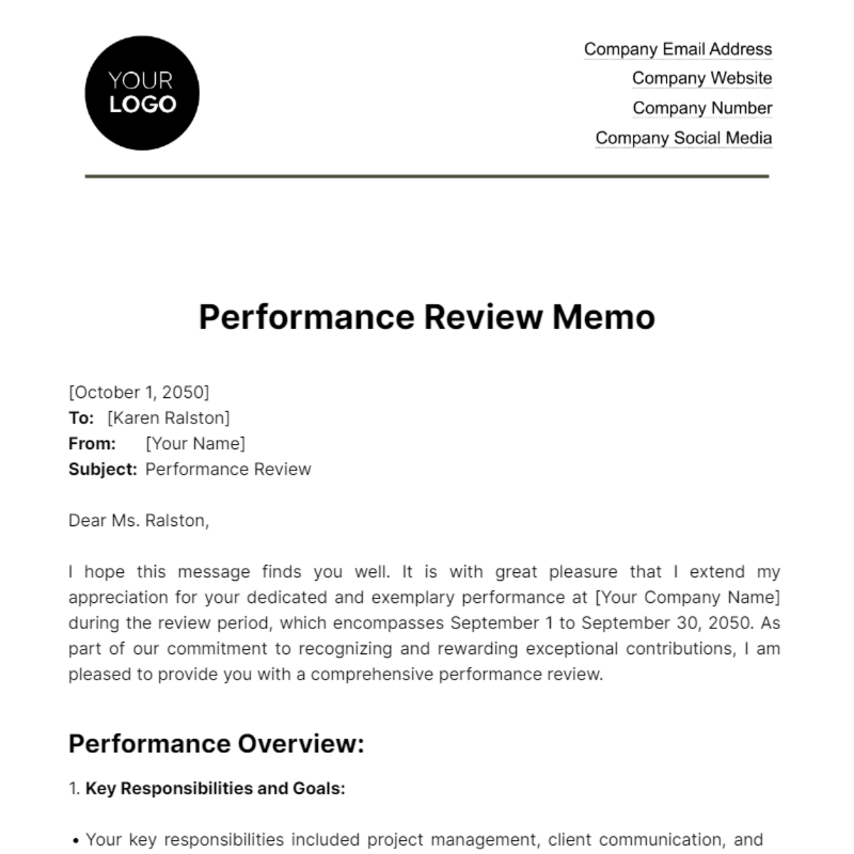 Performance Review Memo HR Template