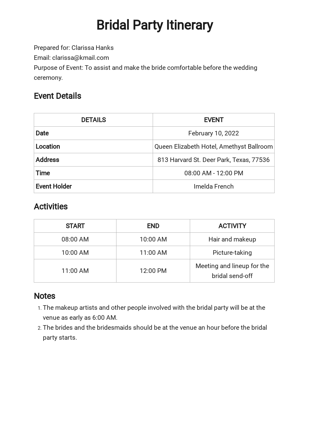 free bridal party itinerary template