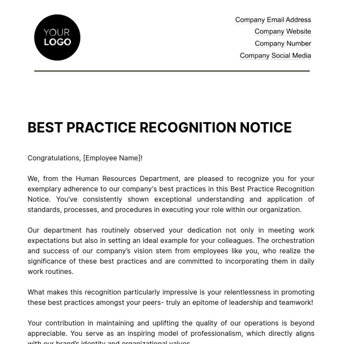 Free Best Practice Recognition Notice HR Template