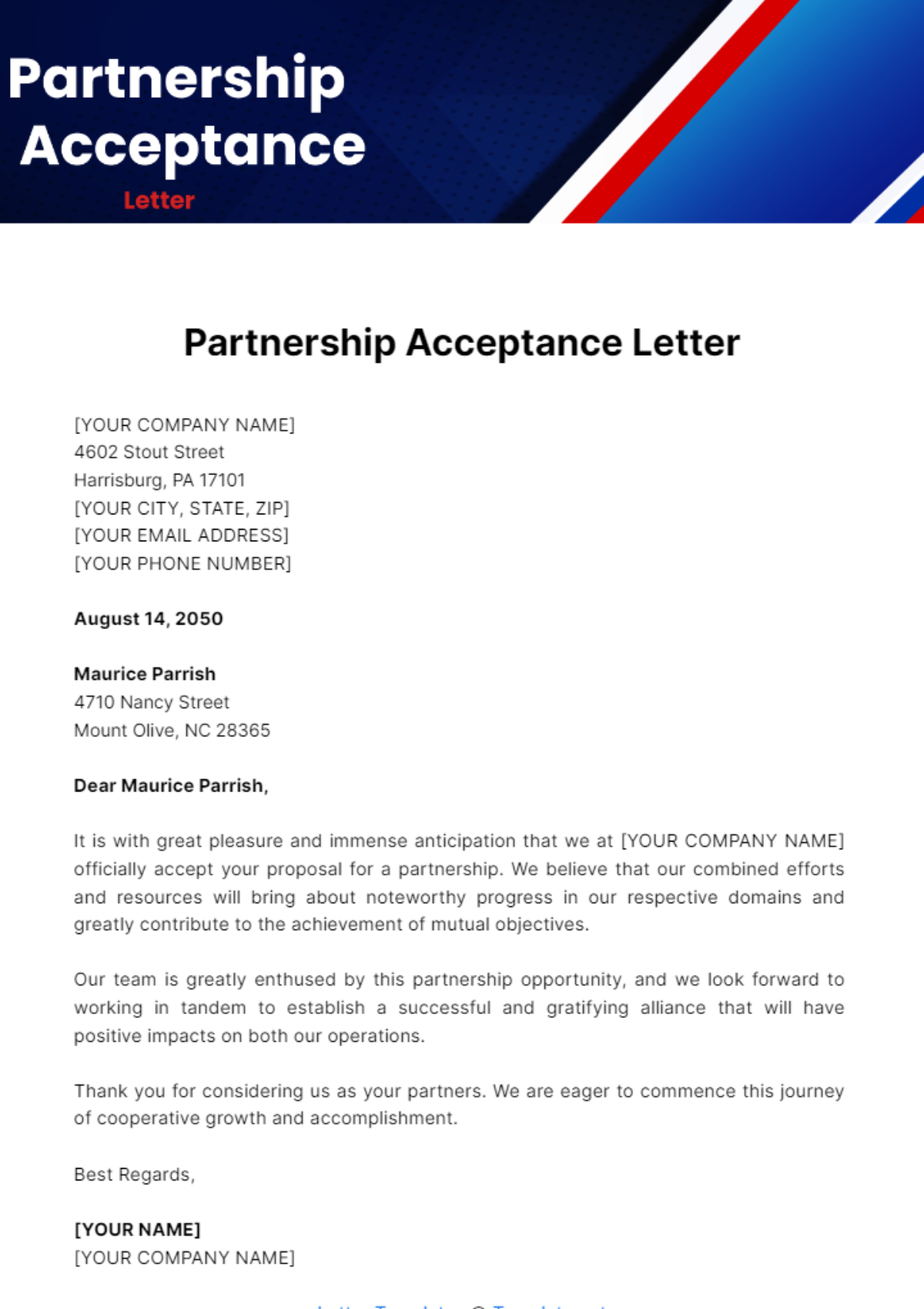 Partnership Acceptance Letter Template