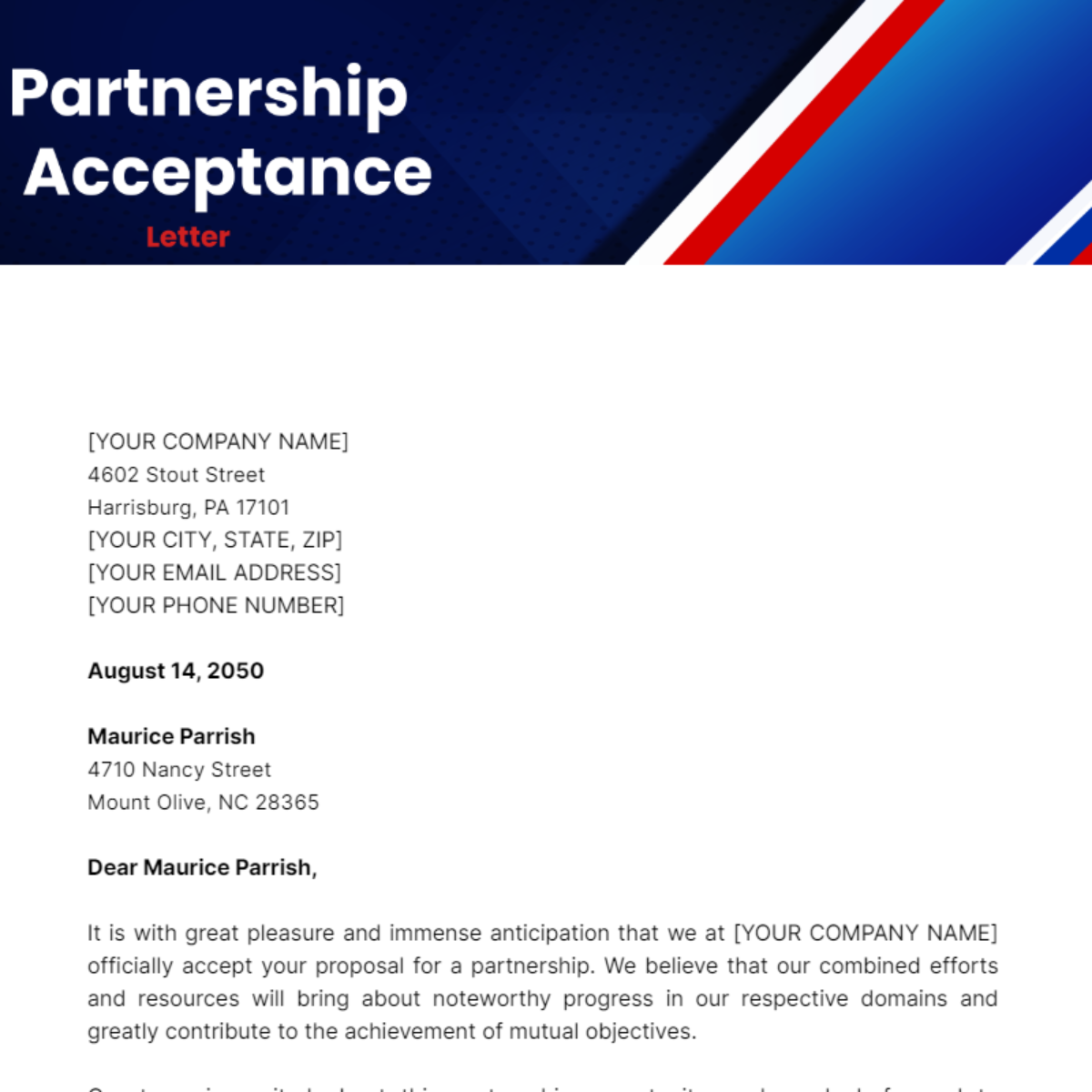 Partnership Acceptance Letter Template - Edit Online & Download