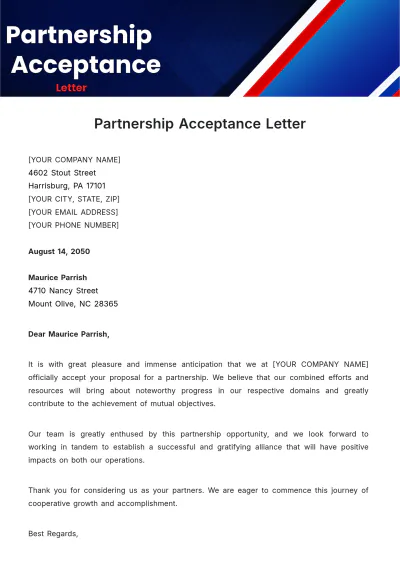 Free Partnership Acceptance Letter Template to Edit Online