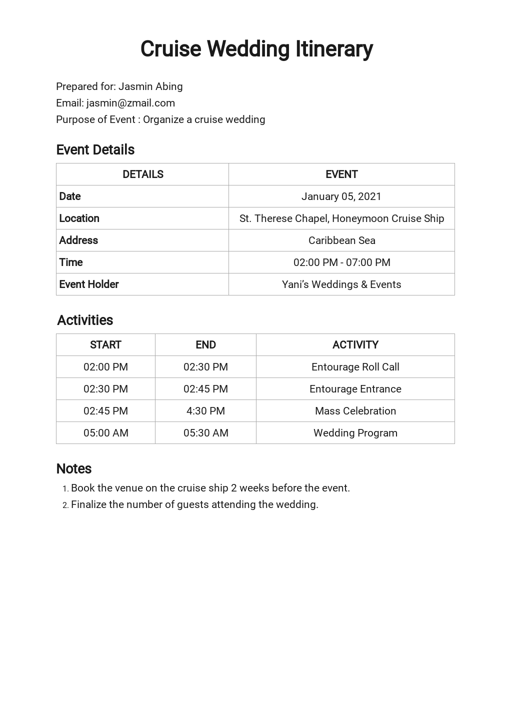 free cruise wedding itinerary template