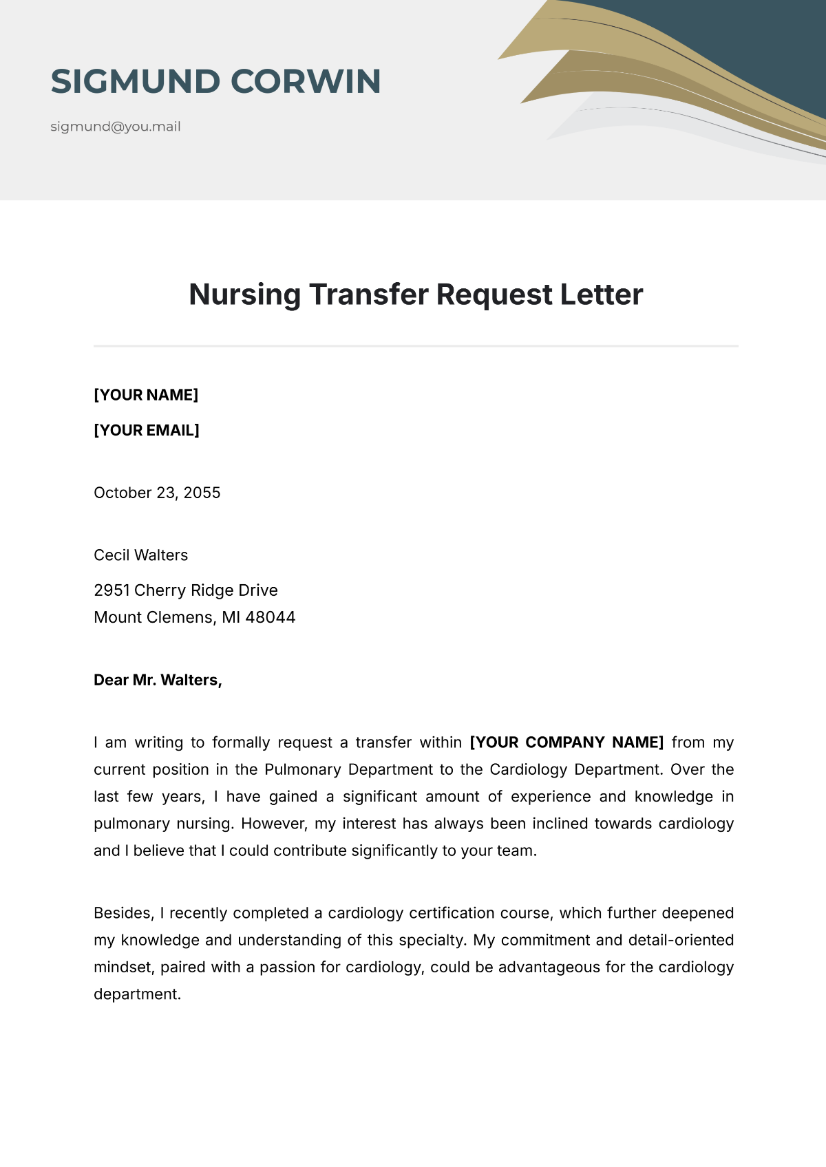 Nursing Transfer Request Letter Template - Edit Online & Download