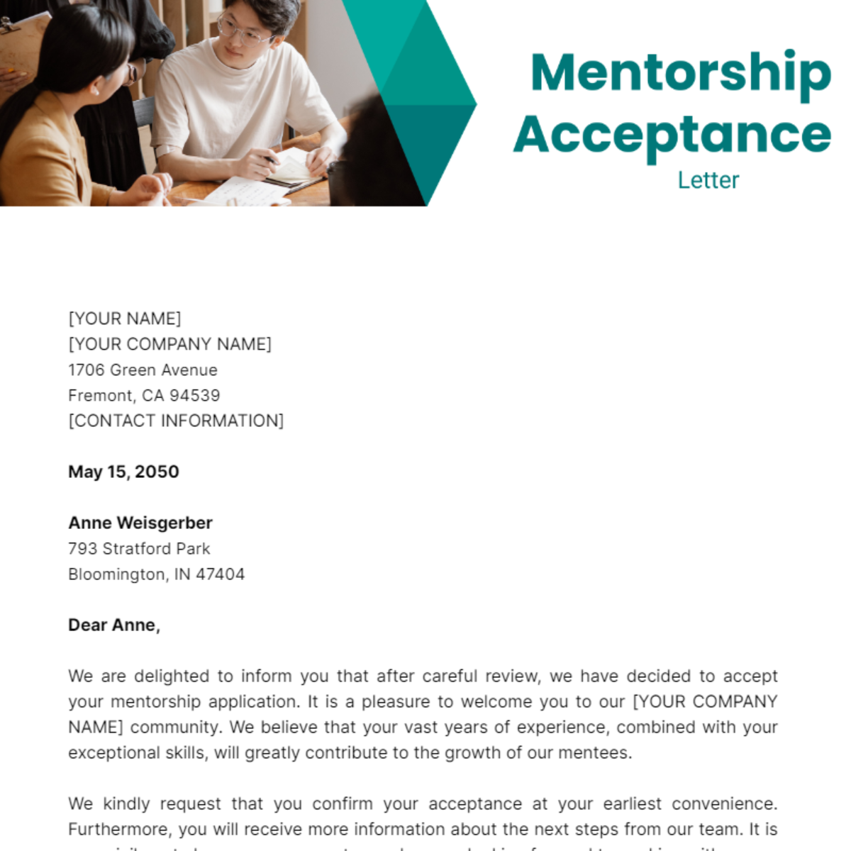 Mentorship Acceptance Letter Template - Edit Online & Download Example ...