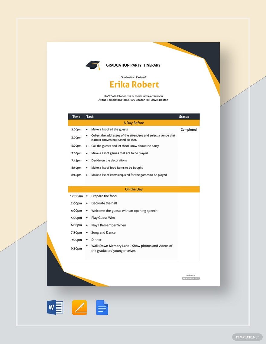 Graduation Party Itinerary Template