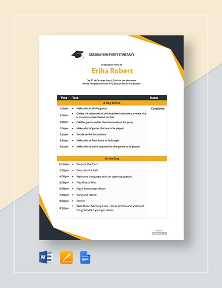 Free Graduation Party Itinerary Template: Download undefined  Itinerary